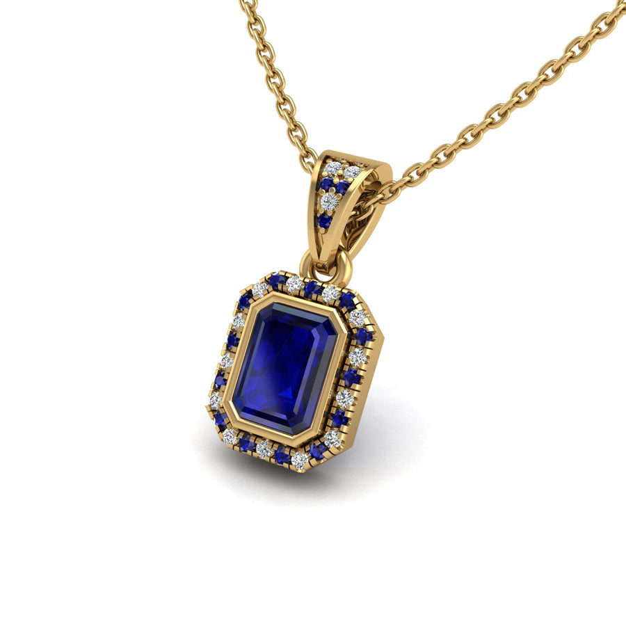 Gold blue sapphire emerald heavenly halo pendant