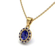 Gold blue sapphire oval divine halo pendant