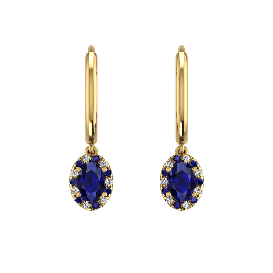 Gold blue sapphire oval halo hoop earrings front view