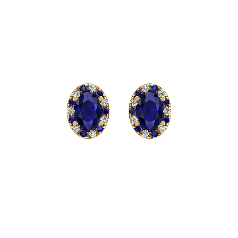 Gold blue sapphire oval halo stud earrings front view