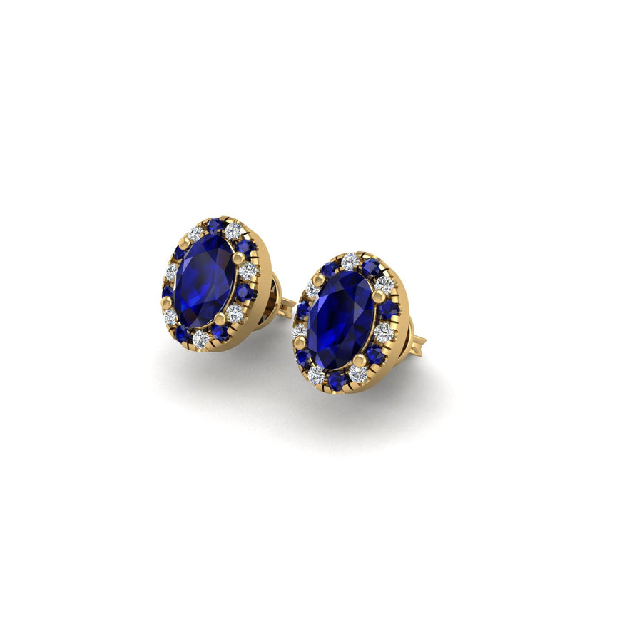 Gold blue sapphire oval halo stud earrings