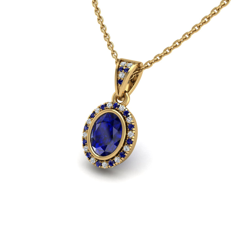 Gold blue sapphire oval heavenly halo pendant