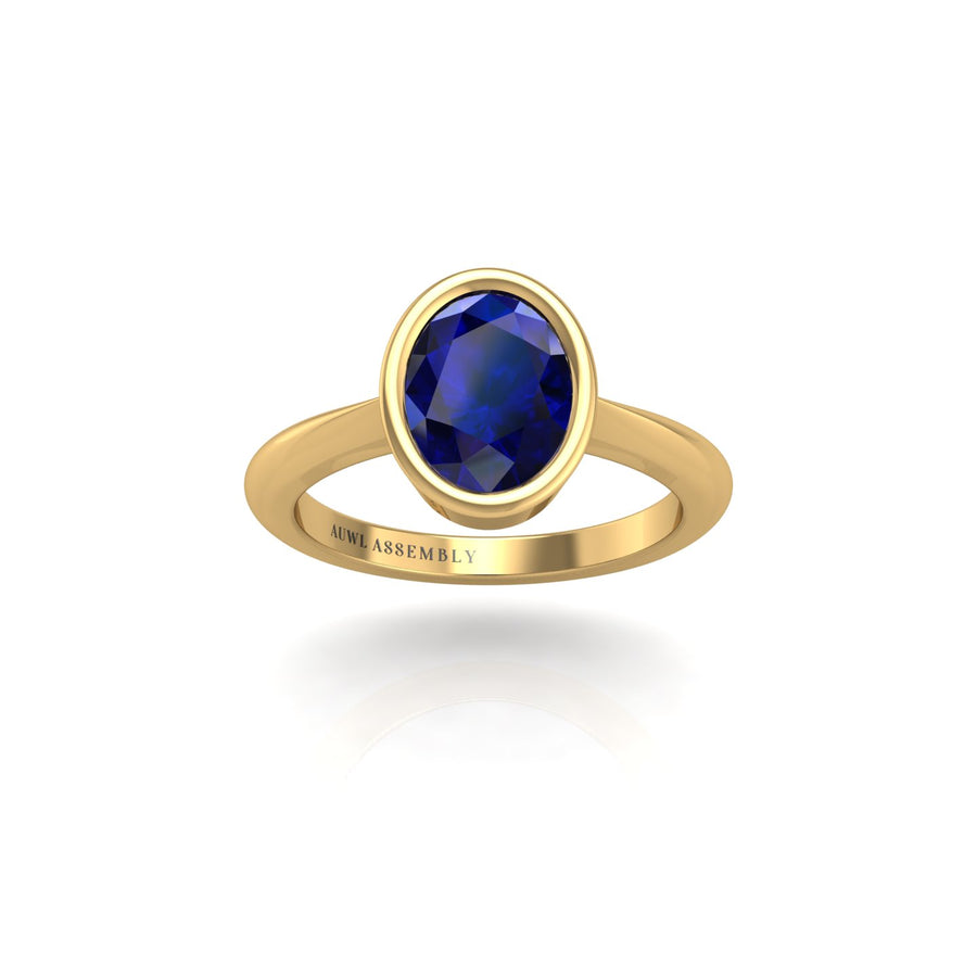 Gold blue sapphire oval solitaire ring front view