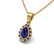 Gold blue sapphire pear divine halo pendant