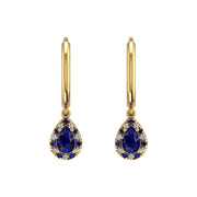 Gold blue sapphire pear halo hoop earrings front view