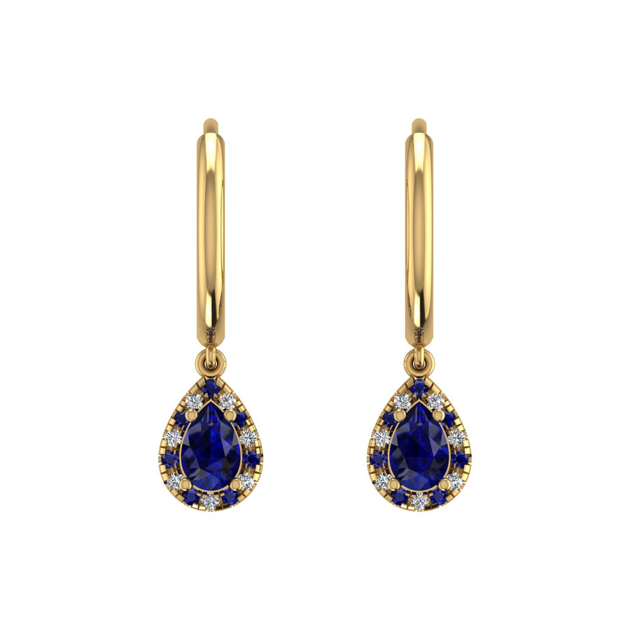 Gold blue sapphire pear halo hoop earrings front view