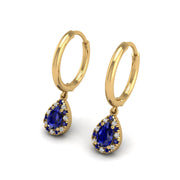 Gold blue sapphire pear halo hoop earrings