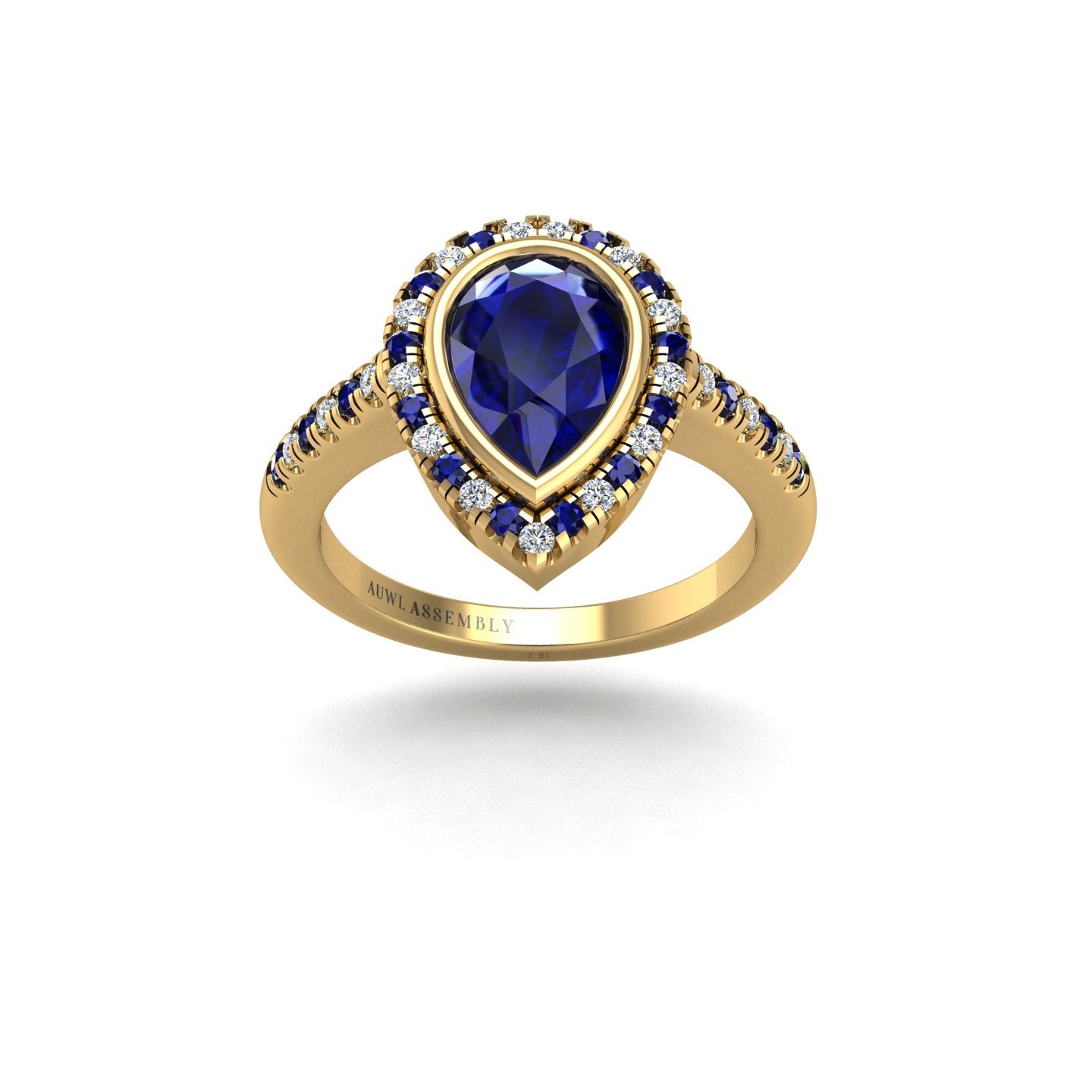Gold blue sapphire pear halo ring front view