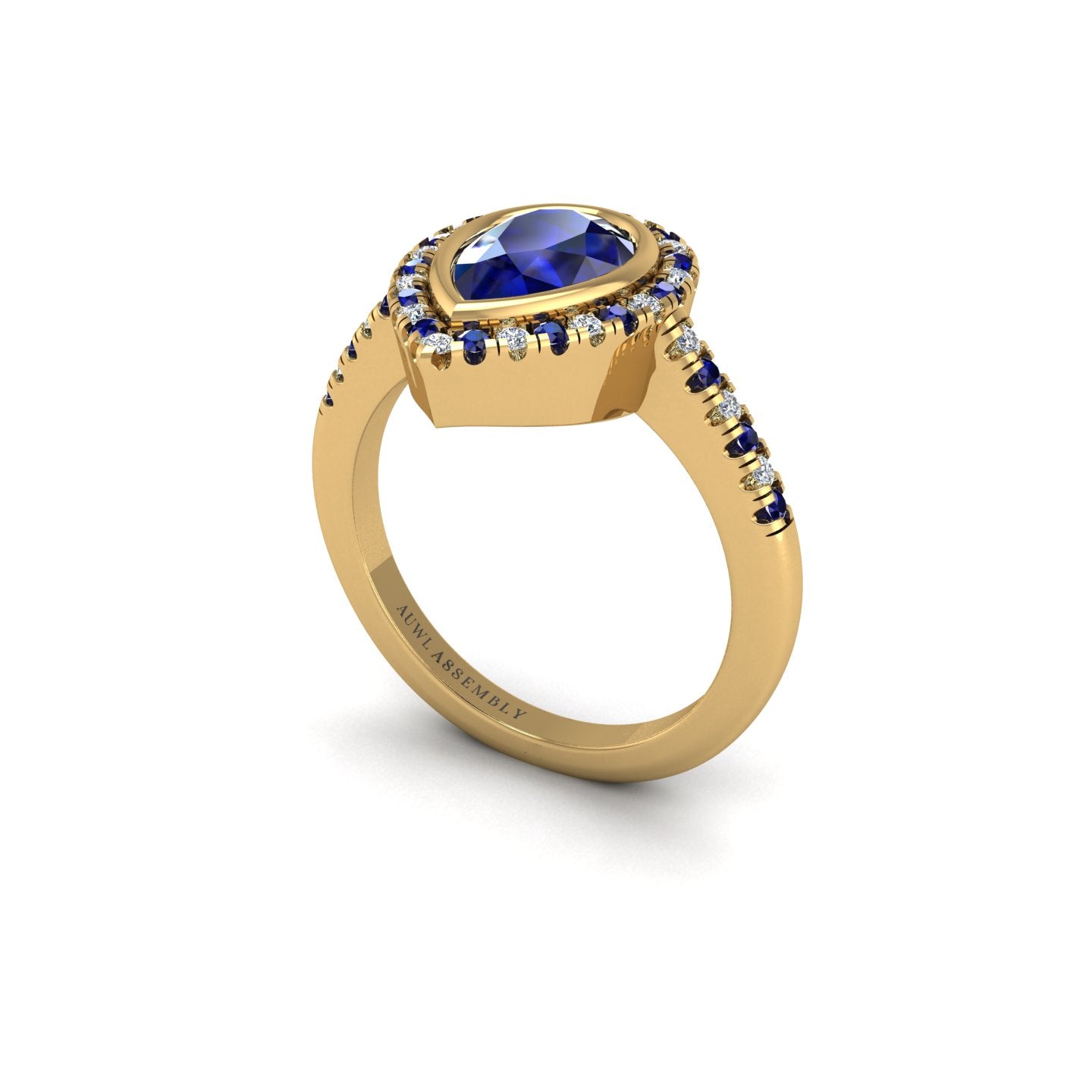 Gold blue sapphire pear halo ring