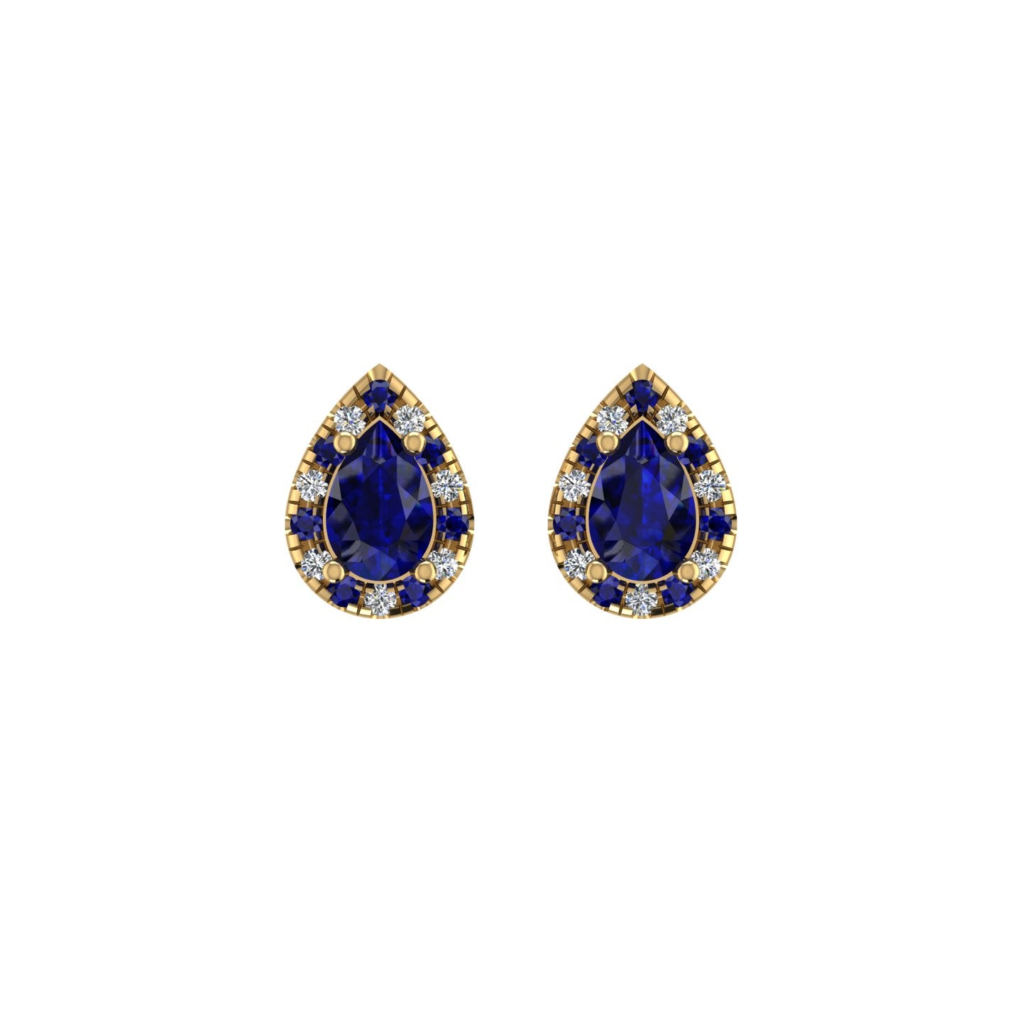 Gold blue sapphire pear halo stud earrings front view