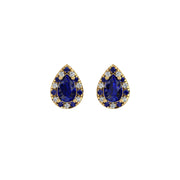 Gold blue sapphire pear halo stud earrings front view
