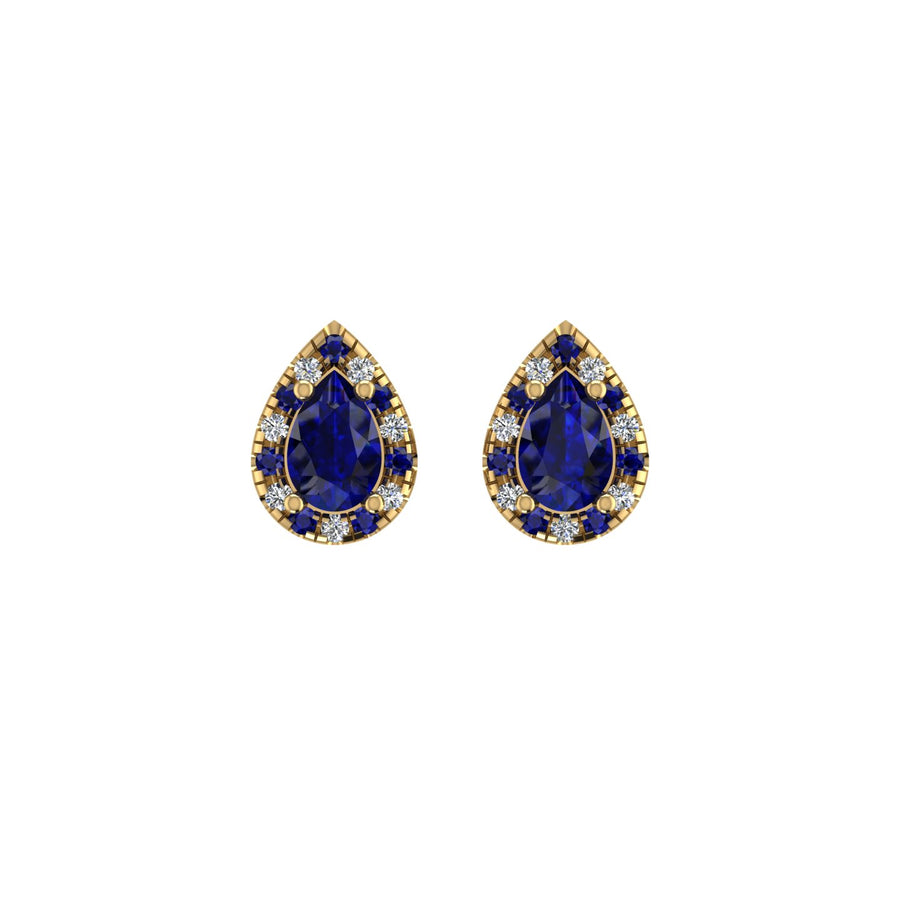 Gold blue sapphire pear halo stud earrings front view