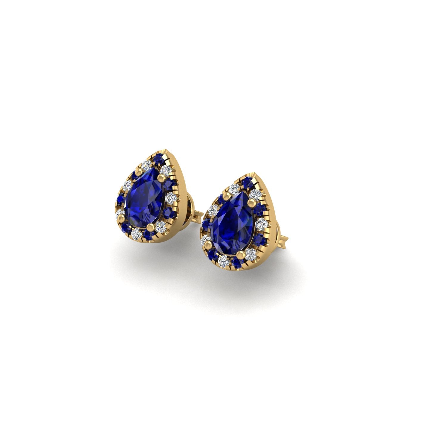 Gold blue sapphire pear halo stud earrings
