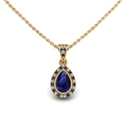 Gold blue sapphire pear heavenly halo pendant center view
