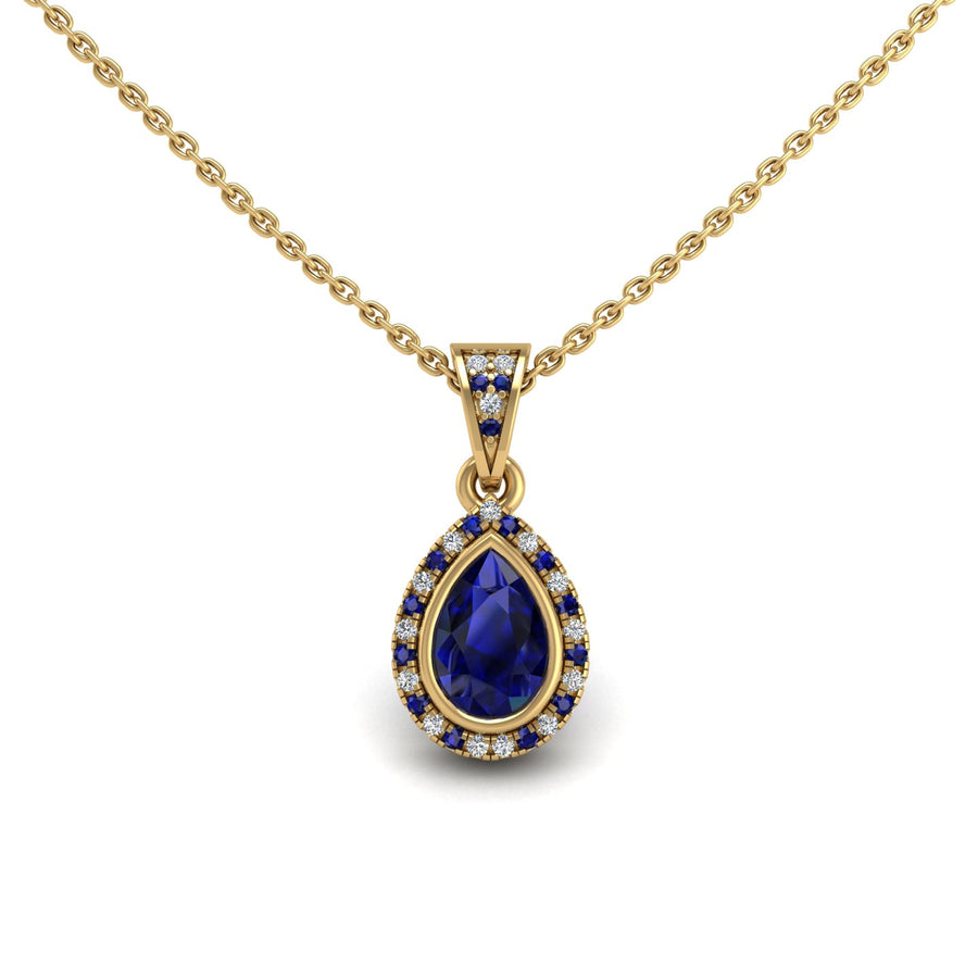 Gold blue sapphire pear heavenly halo pendant center view