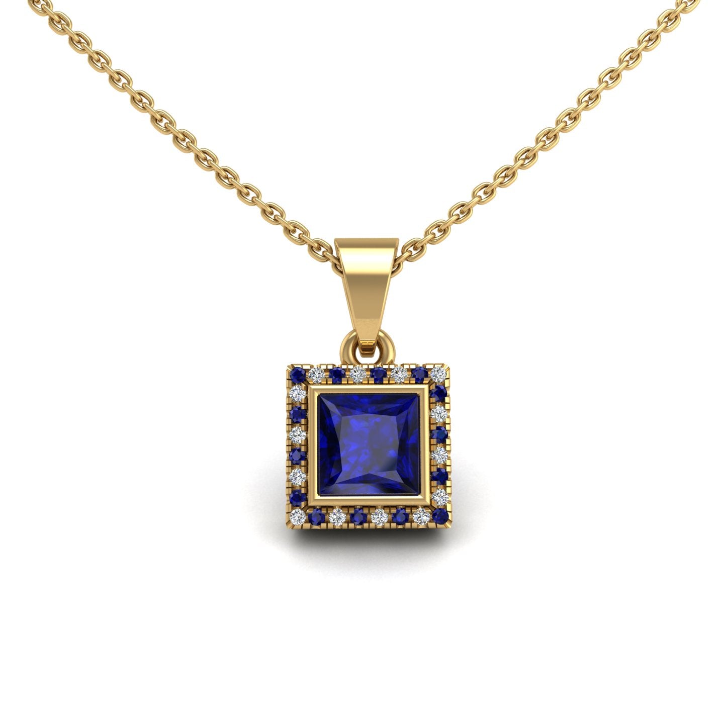 Gold blue sapphire princess divine halo pendant center view