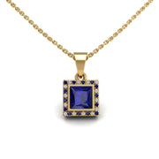 Gold blue sapphire princess divine halo pendant center view