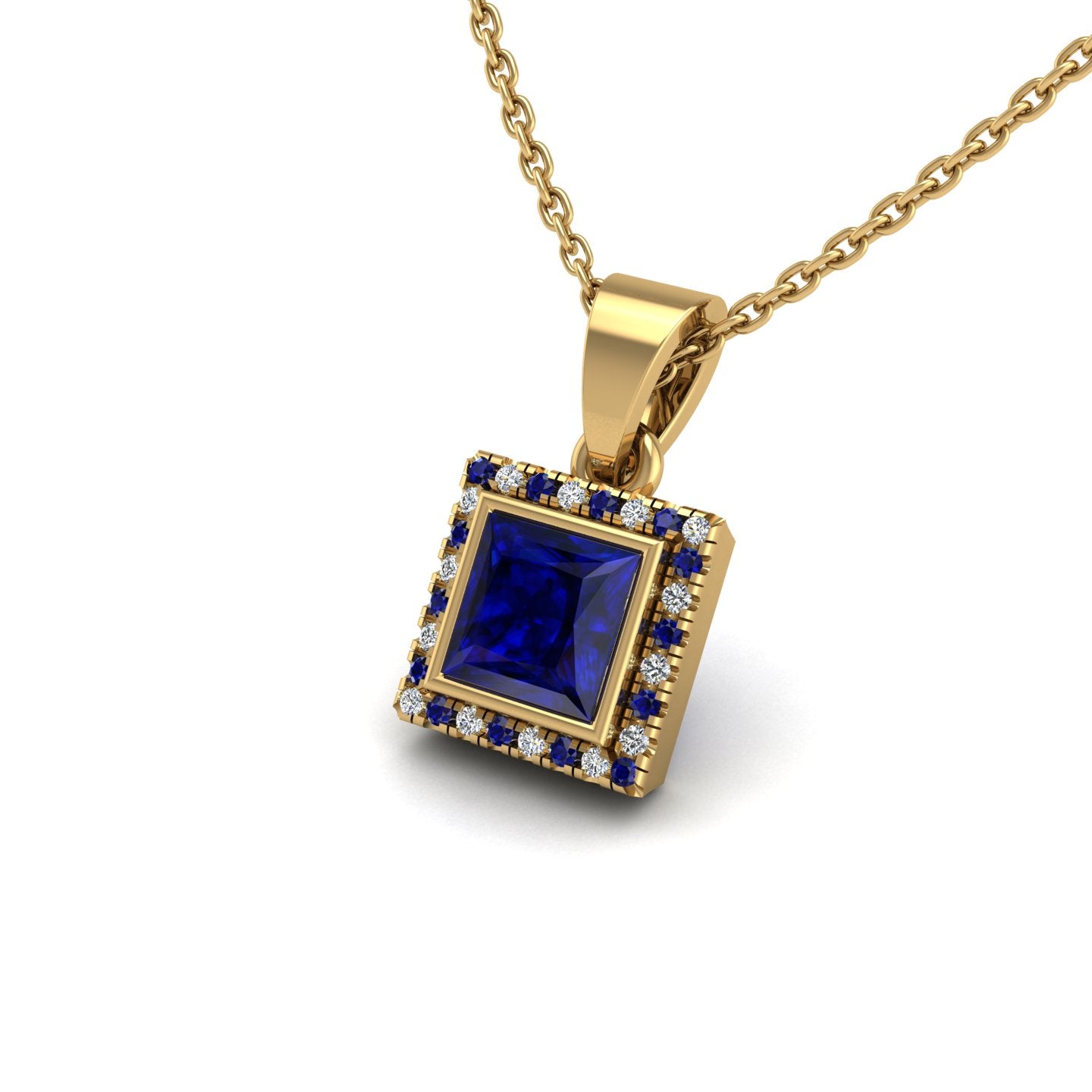 Gold blue sapphire princess divine halo pendant