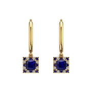 Gold blue sapphire princess halo hoop earrings front view