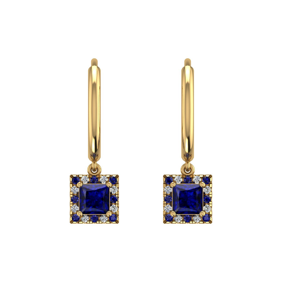 Gold blue sapphire princess halo hoop earrings front view