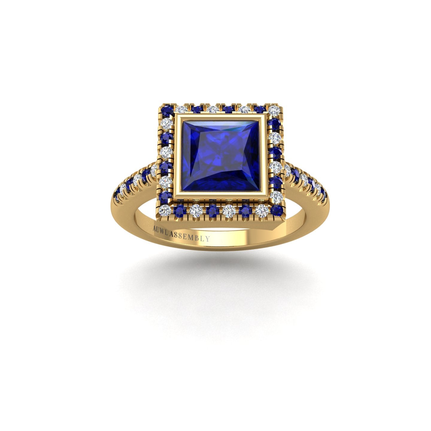 Gold blue sapphire princess halo ring front view