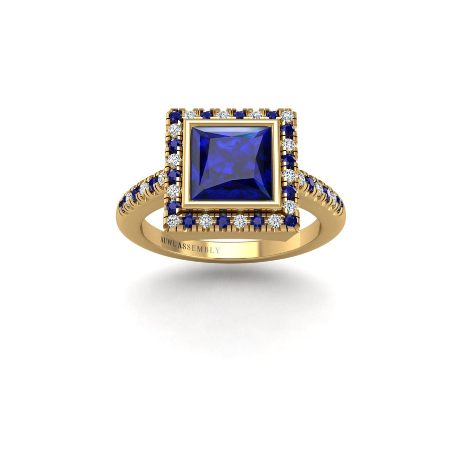 Gold blue sapphire princess halo ring front view