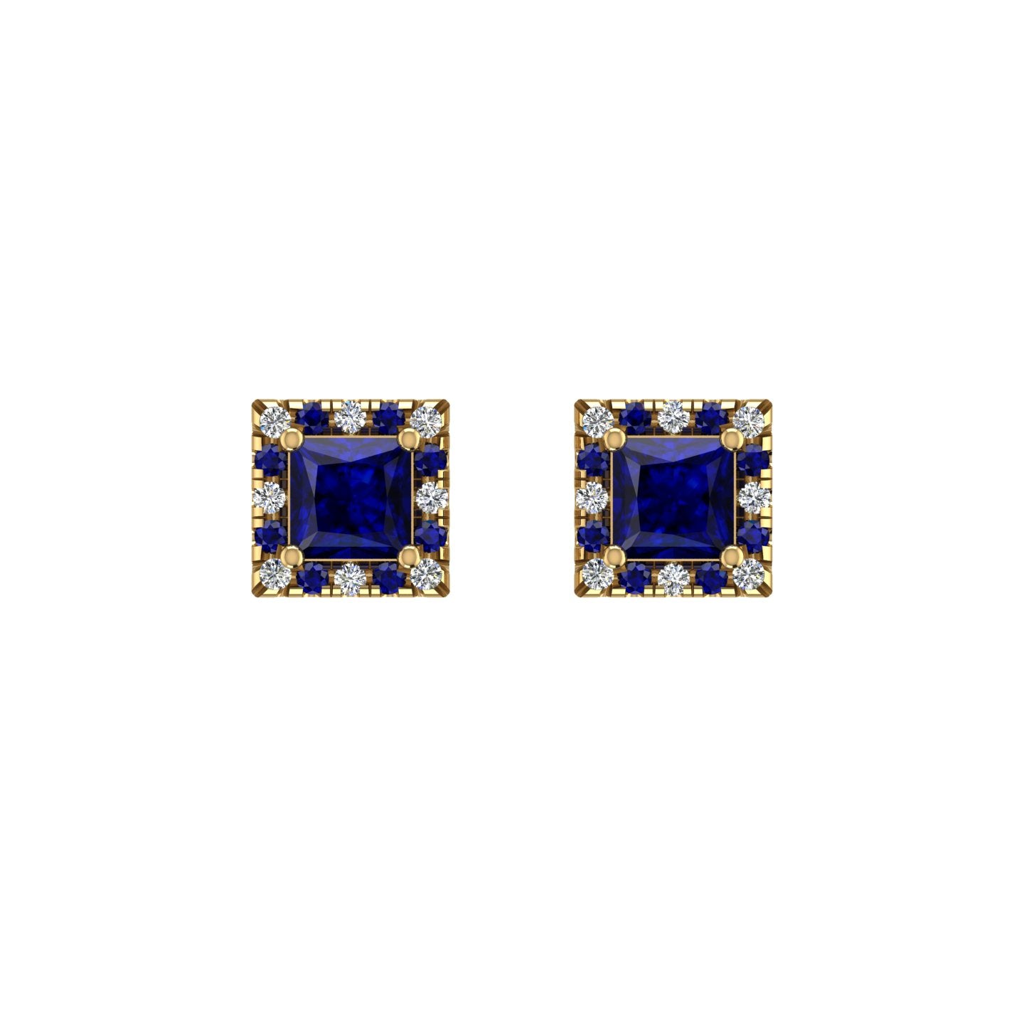 Gold blue sapphire princess halo stud earrings front view