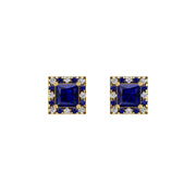 Gold blue sapphire princess halo stud earrings front view