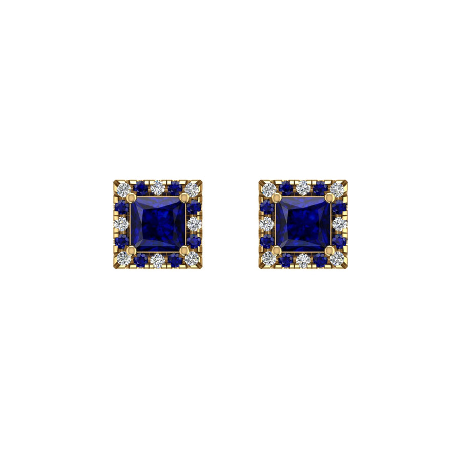 Gold blue sapphire princess halo stud earrings front view