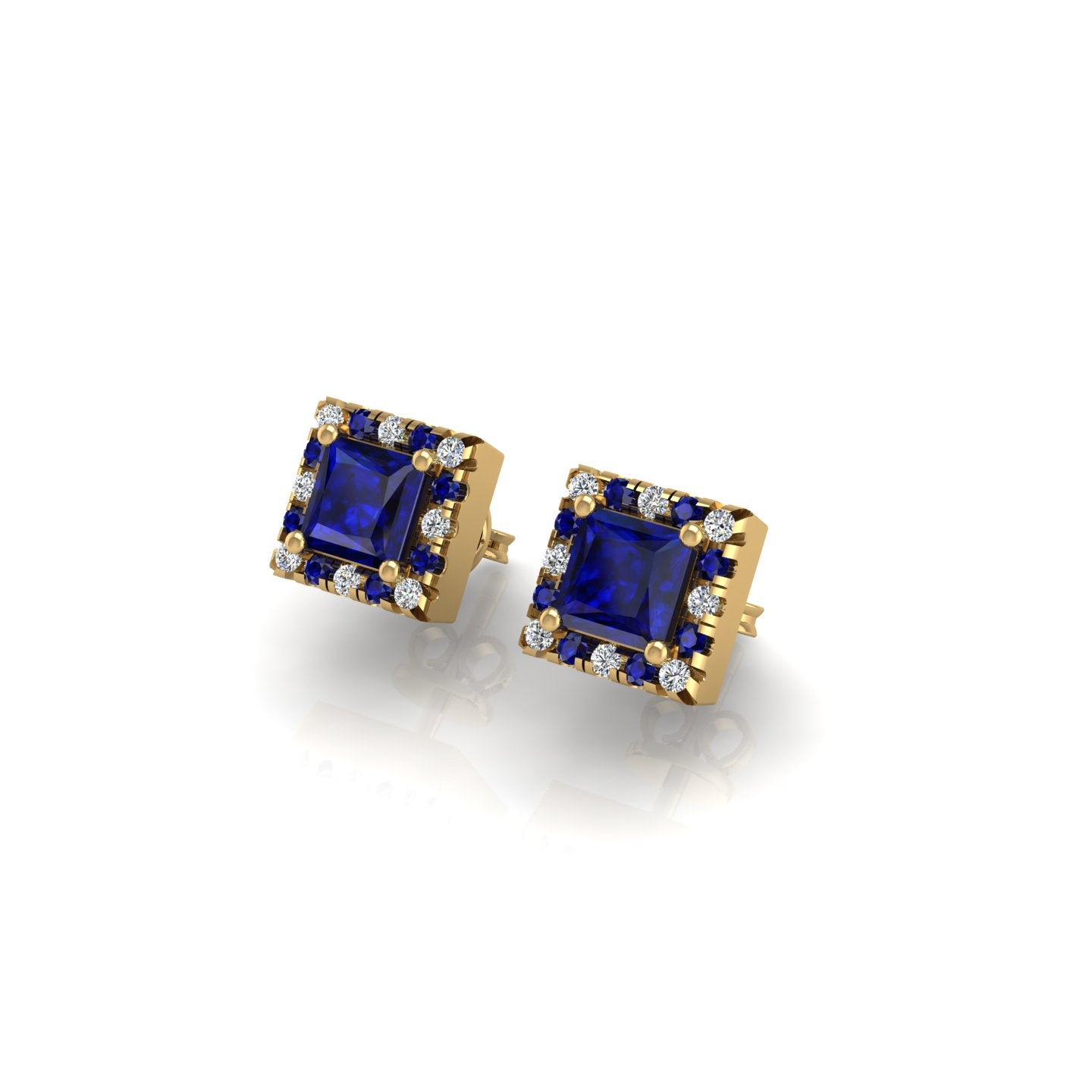 Gold blue sapphire princess halo stud earrings