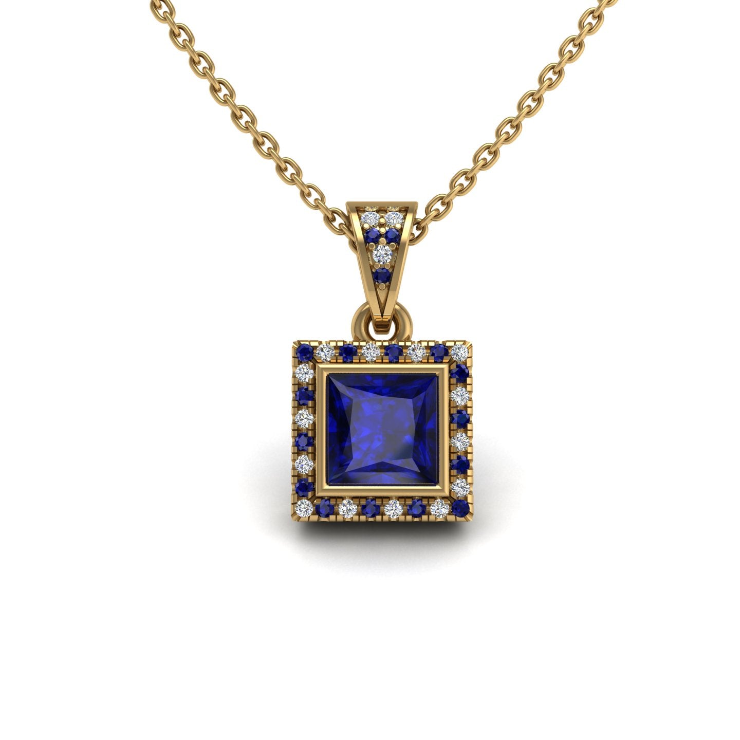 Gold blue sapphire princess heavenly halo pendant center view