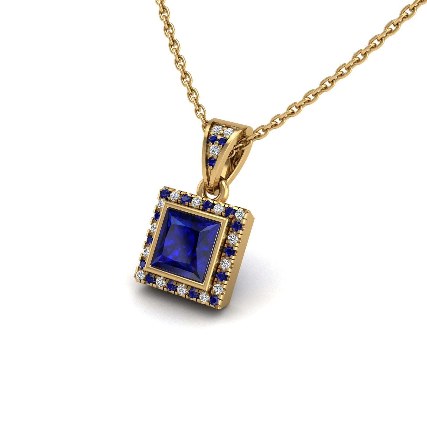 Gold blue sapphire princess heavenly halo pendant