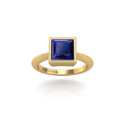 Gold blue sapphire princess solitaire ring front view