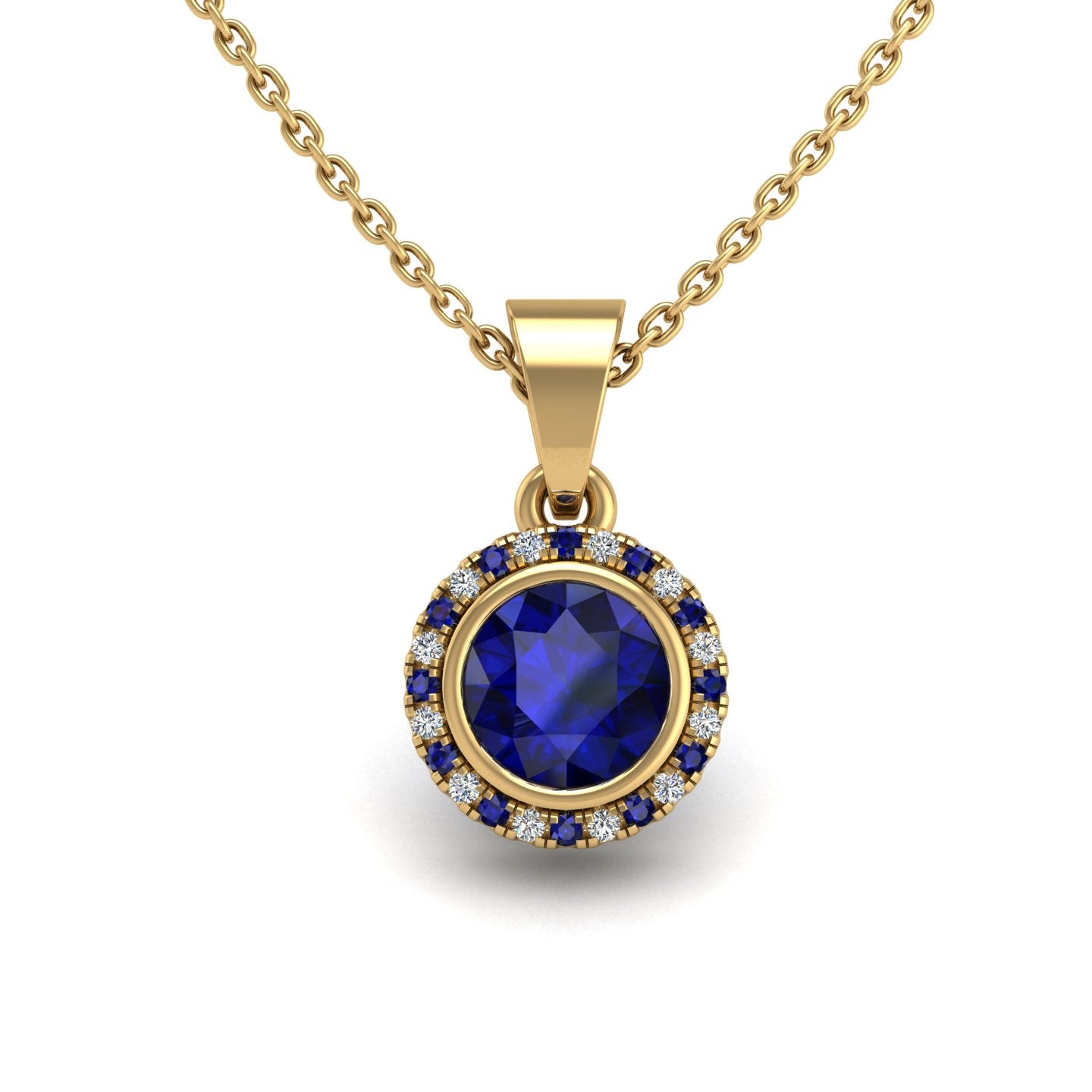 Gold blue sapphire round divine halo pendant center view