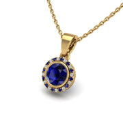 Gold blue sapphire round divine halo pendant
