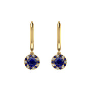 Gold blue sapphire round halo hoop earrings front view
