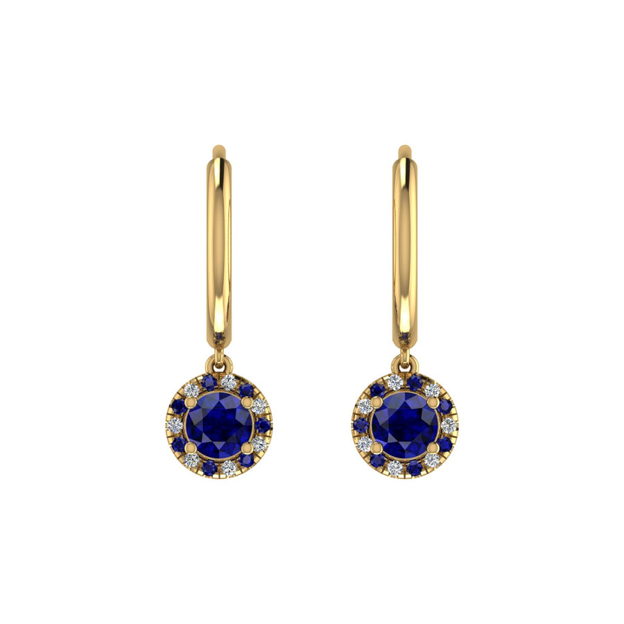 Gold blue sapphire round halo hoop earrings front view