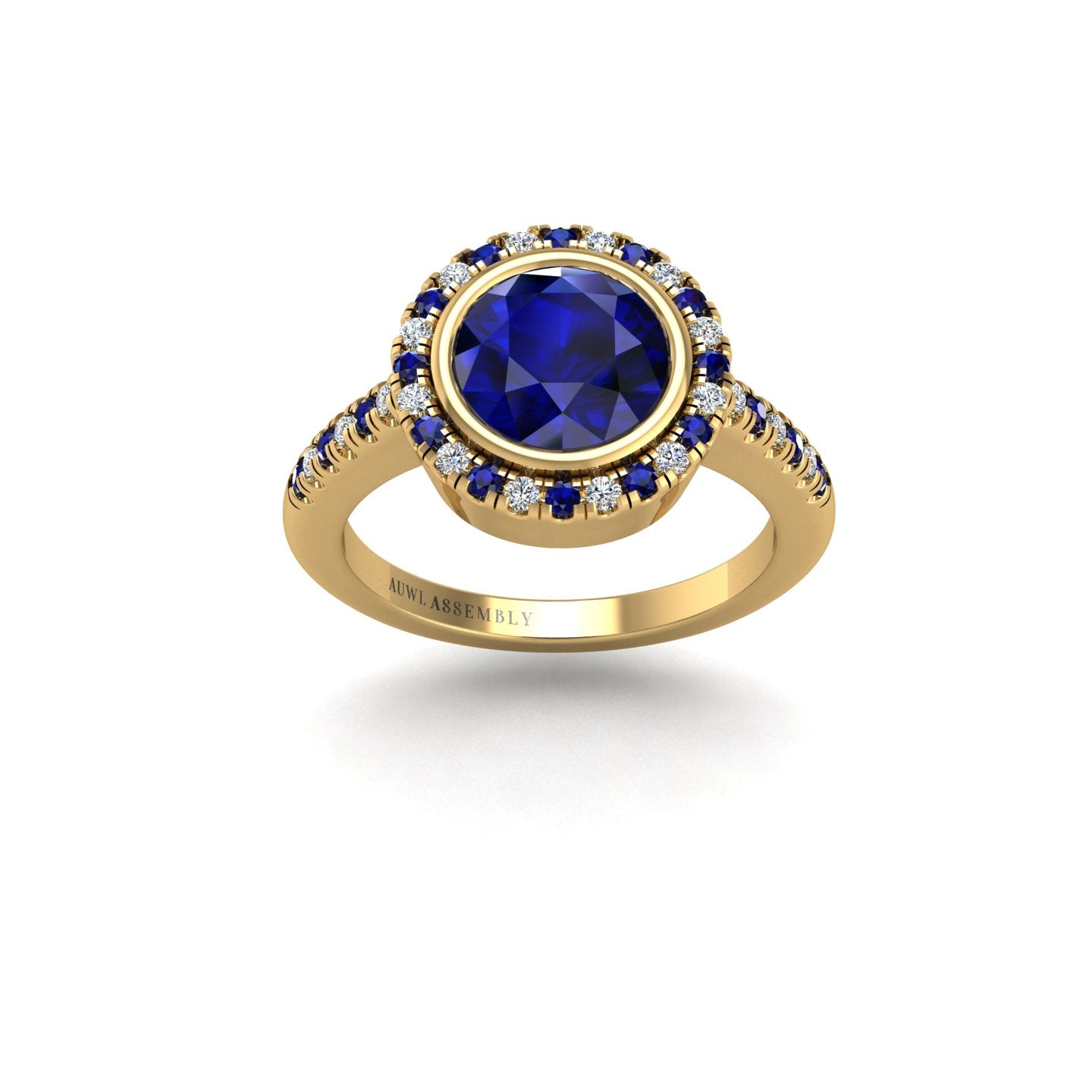Gold blue sapphire round halo ring front view