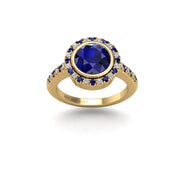 Gold blue sapphire round halo ring front view
