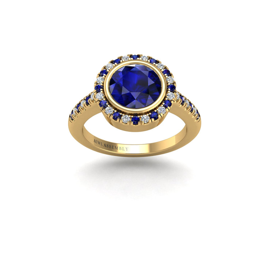 Gold blue sapphire round halo ring front view