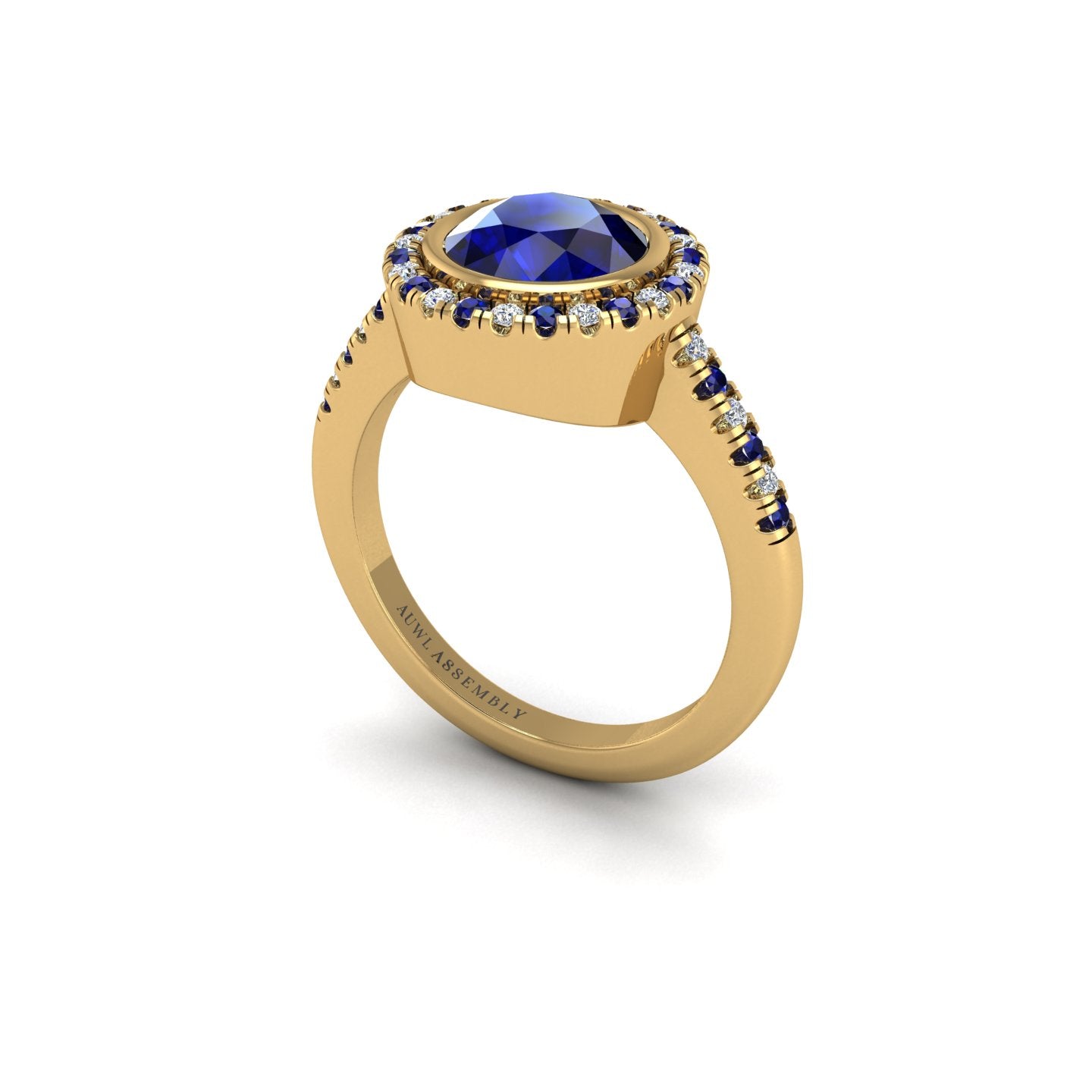 Gold blue sapphire round halo ring