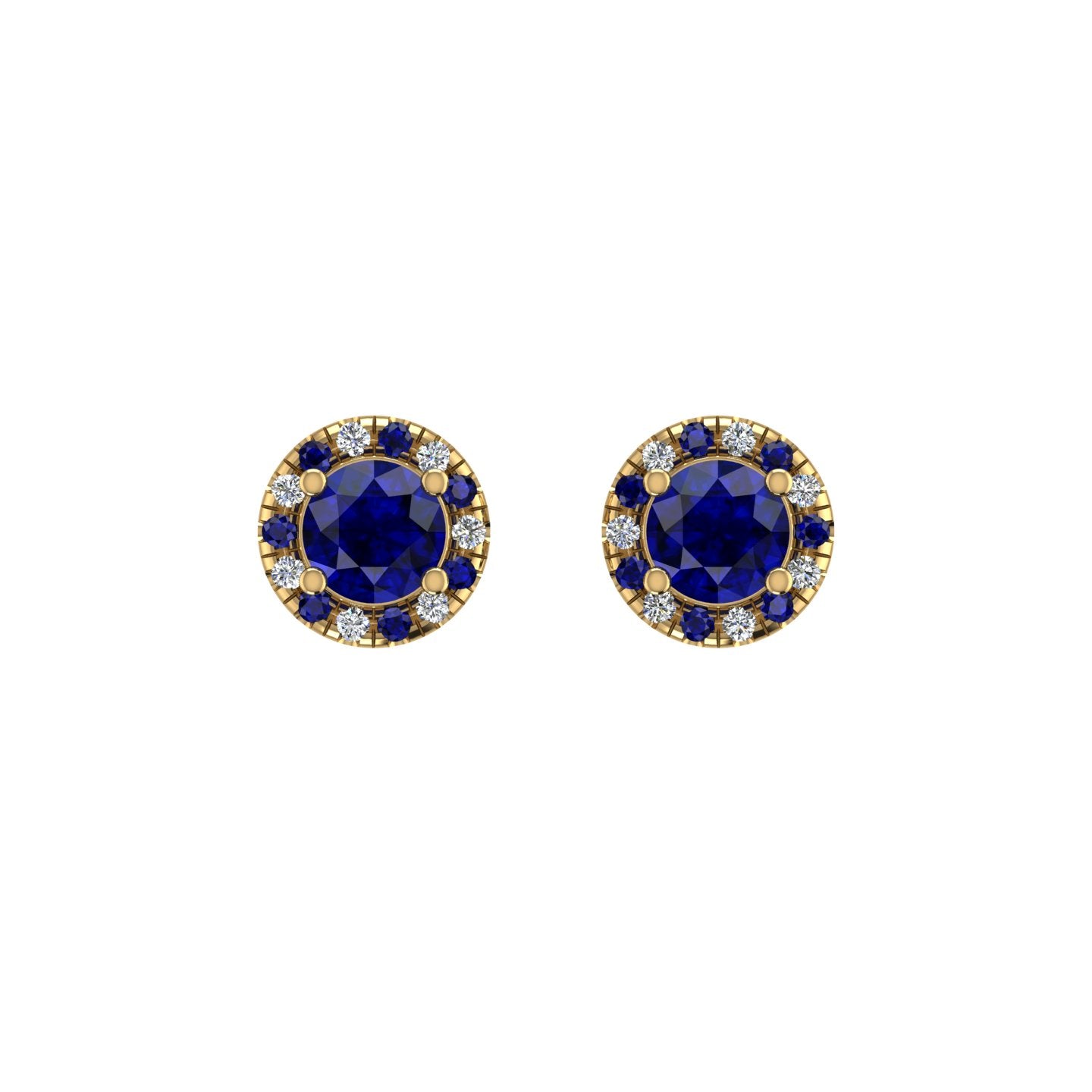 Gold blue sapphire round halo stud earrings front view