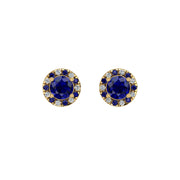 Gold blue sapphire round halo stud earrings front view