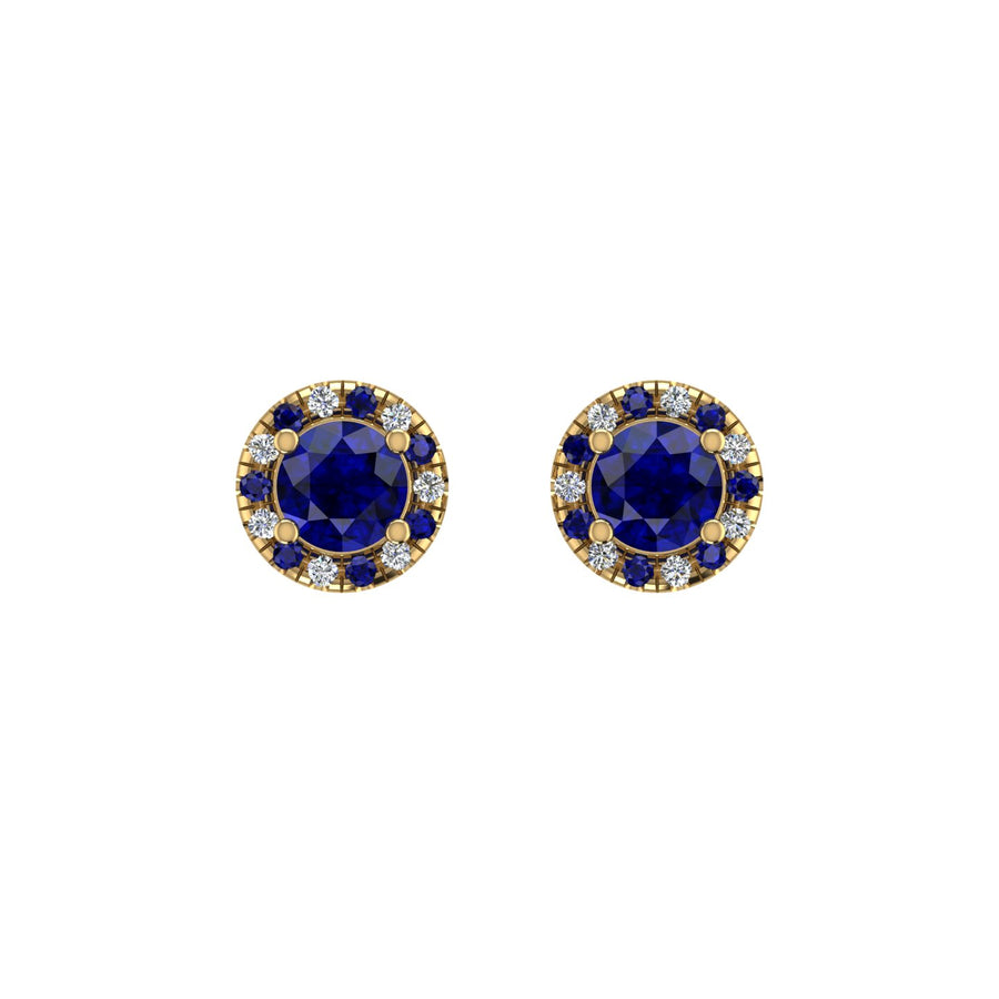 Gold blue sapphire round halo stud earrings front view