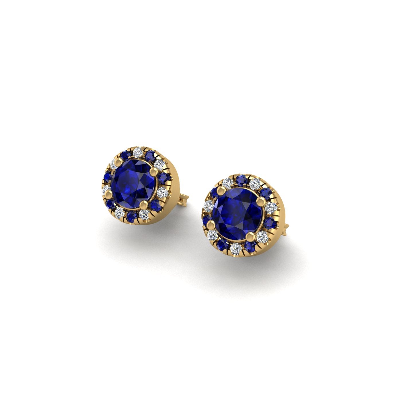 Gold blue sapphire round halo stud earrings