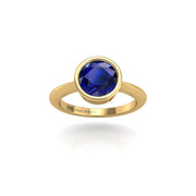 Gold blue sapphire round solitaire ring front view