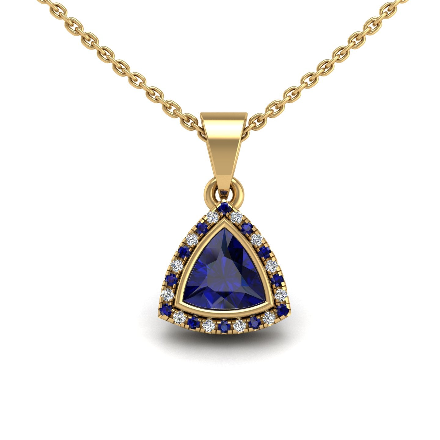 Gold blue sapphire trillion divine halo pendant center view