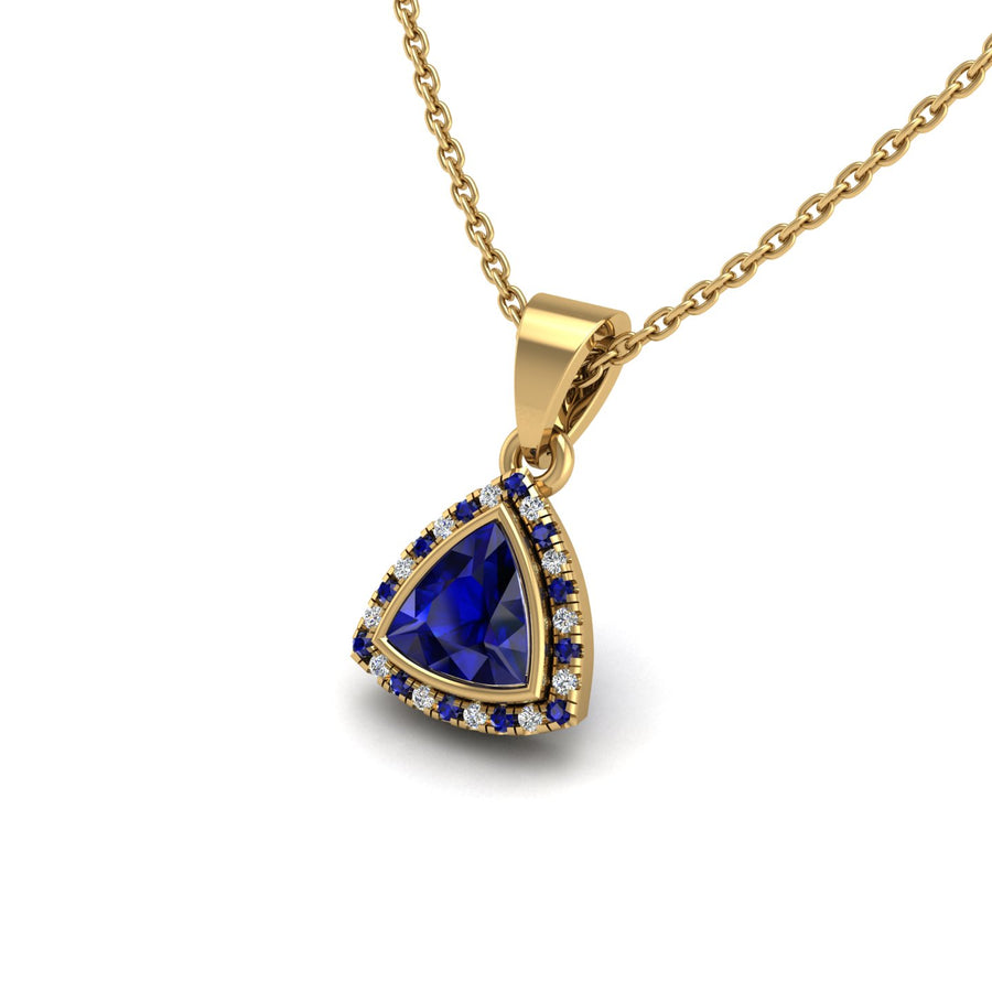 Gold blue sapphire trillion divine halo pendant