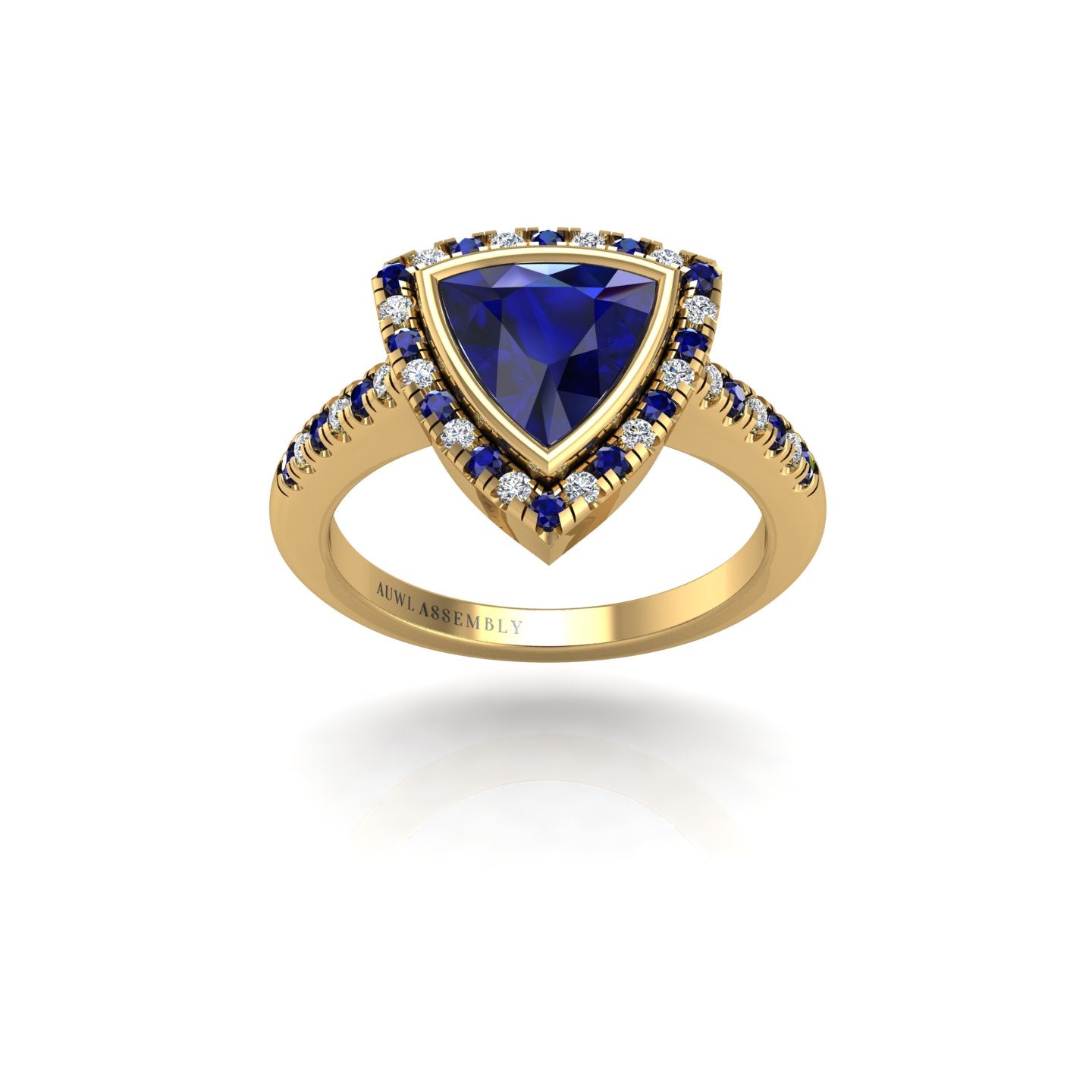 Gold blue sapphire trillion halo ring front view