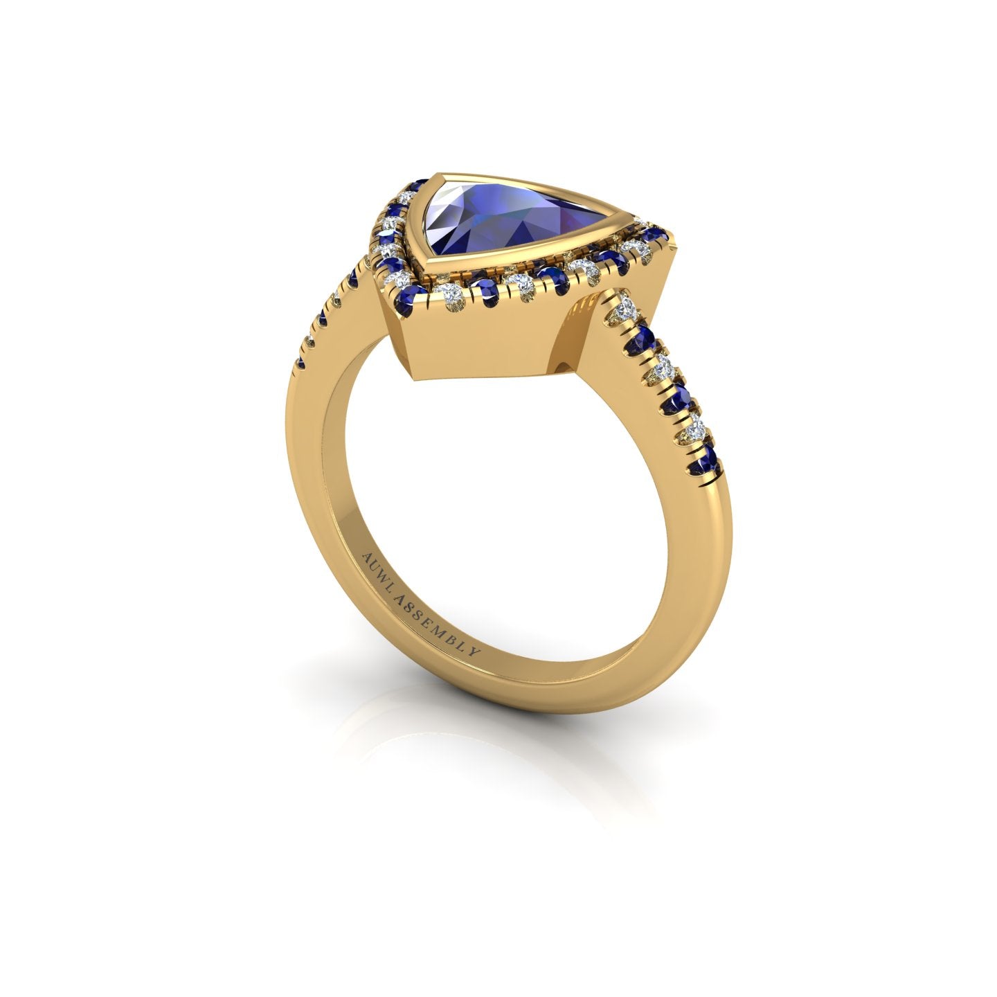 Gold blue sapphire trillion halo ring